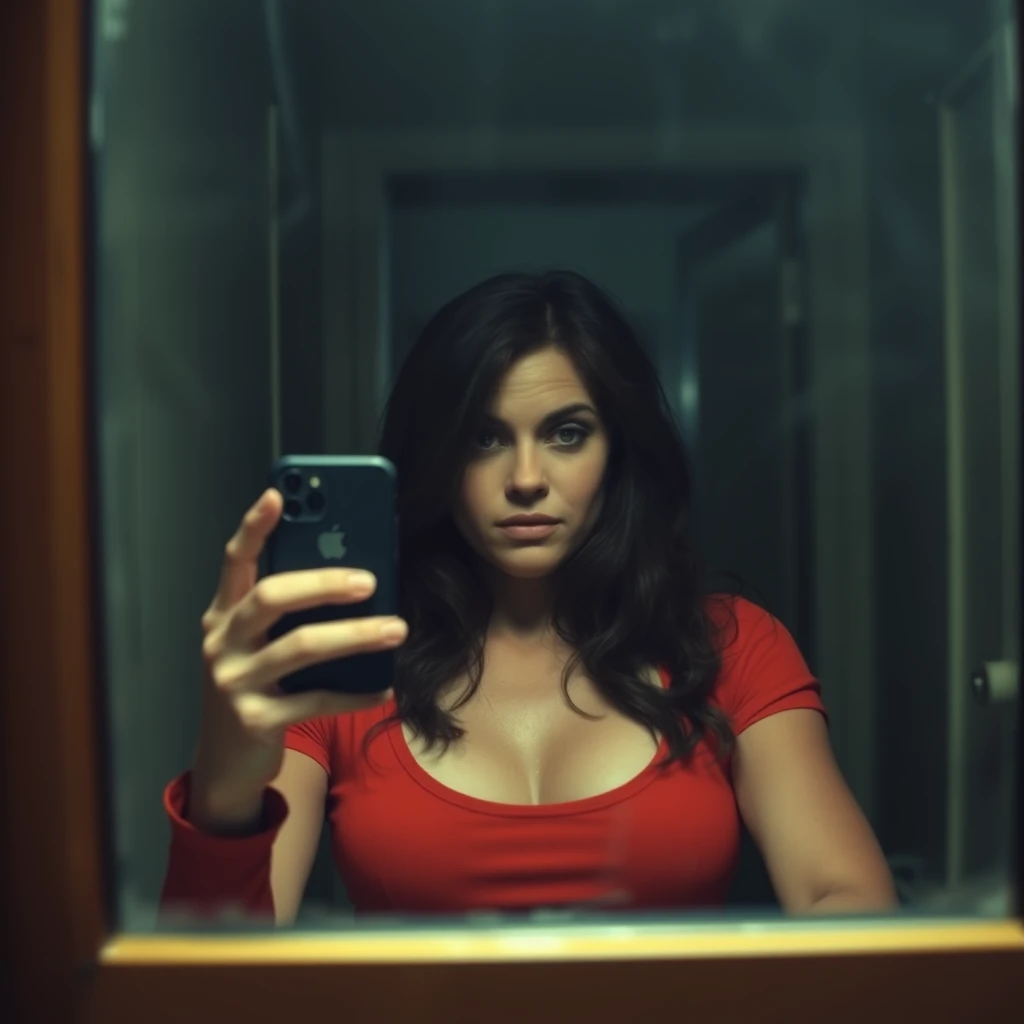 Phone photo: A woman super hero stands in front of a mirror capturing a selfie. The image quality is grainy, with a slight blur softening the details. The lighting is dim, casting shadows that obscure her features. Her expression is casual while the old iPhone struggles to focus, giving the photo an authentic, unpolished feel. The mirror shows smudges and fingerprints, adding to the raw, everyday atmosphere of the scene.