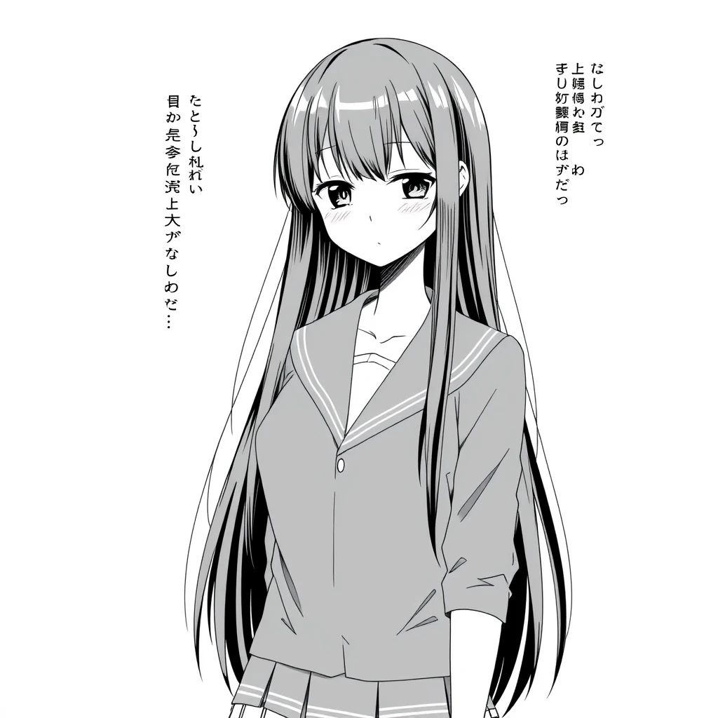 Girl with long, straight, black hair, tall, slim, average breast size, 20 years old, wearing a school uniform. Full body portrait, manga style, grayscale. - Image