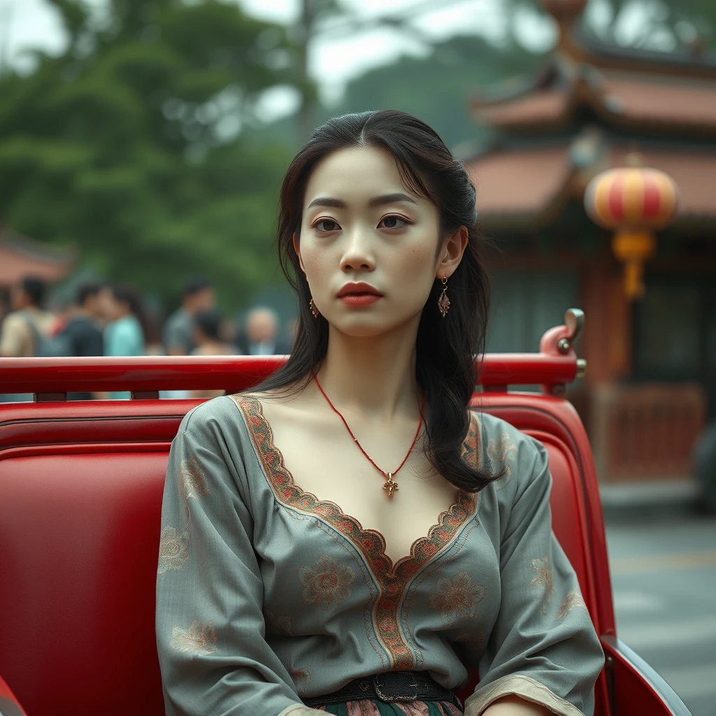 A chinese pale and gaunt lady sit on a red coach