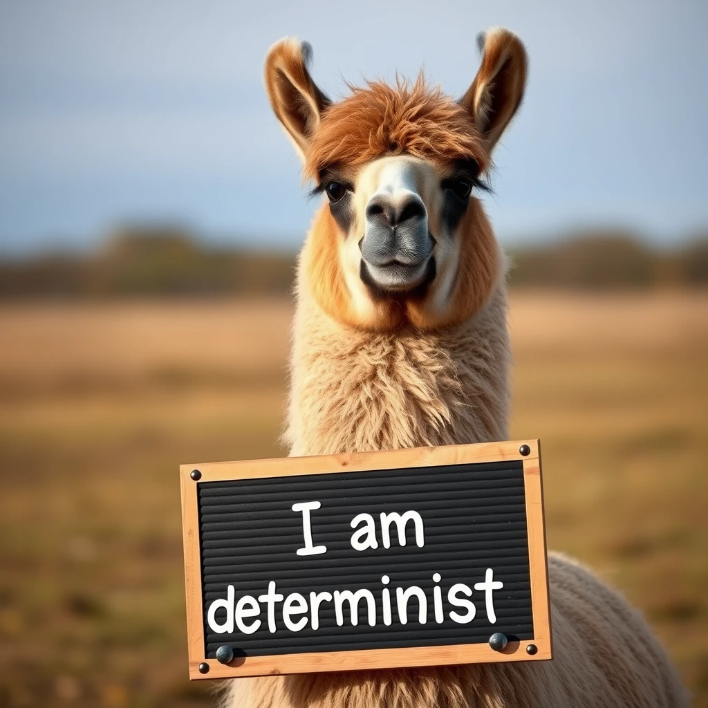 A llama with a sign board that reads "I am deterministic."