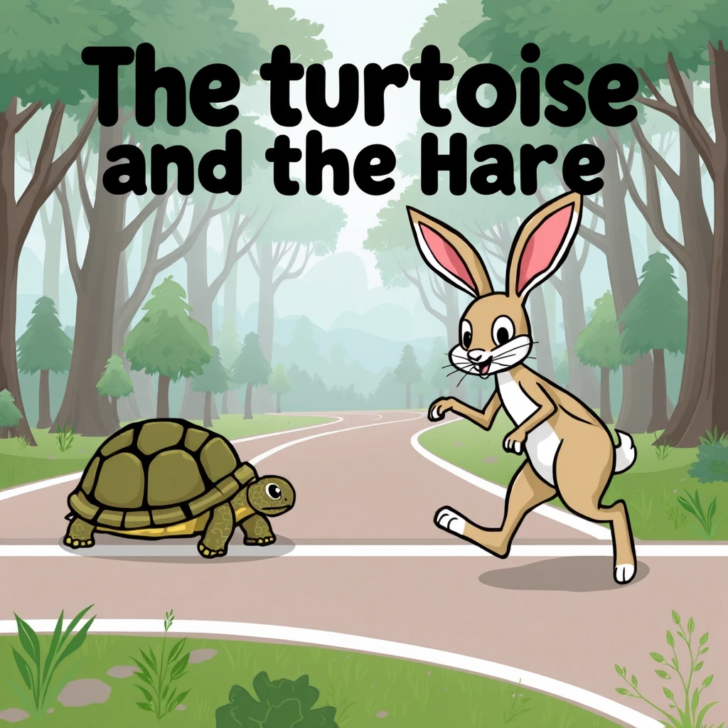 Create an image of the story of "the tortoise and the hare," with a background of a forest and a racetrack. - Image