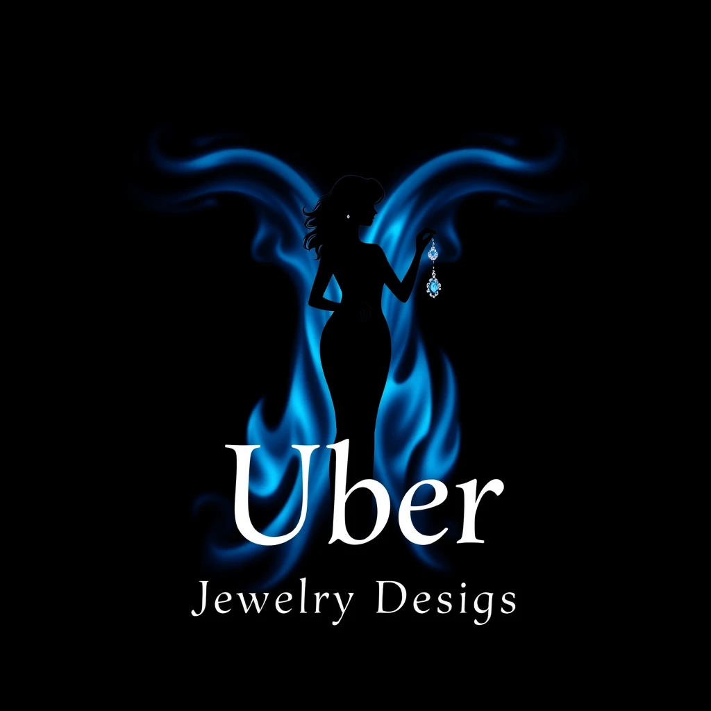 "Stylized logo photo of a jewelry design company, featuring a woman’s silhouette holding jewelry, with a blue flame background, the silhouette in a poised stance, centered and symmetric, set against a dark background, illuminated with soft light, front-facing angle, high-resolution and clear, with the text 'Uber Jewelry Designs' perfectly aligned."