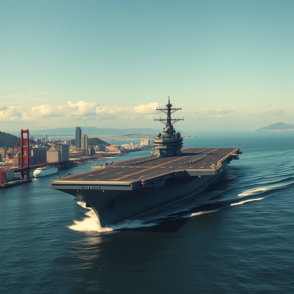 A high quality, photorealistic image of a massive, near-future nuclear aircraft carrier moving near San Francisco. It is in the middle of the day, on a bright summer day in San Francisco with little clouds.