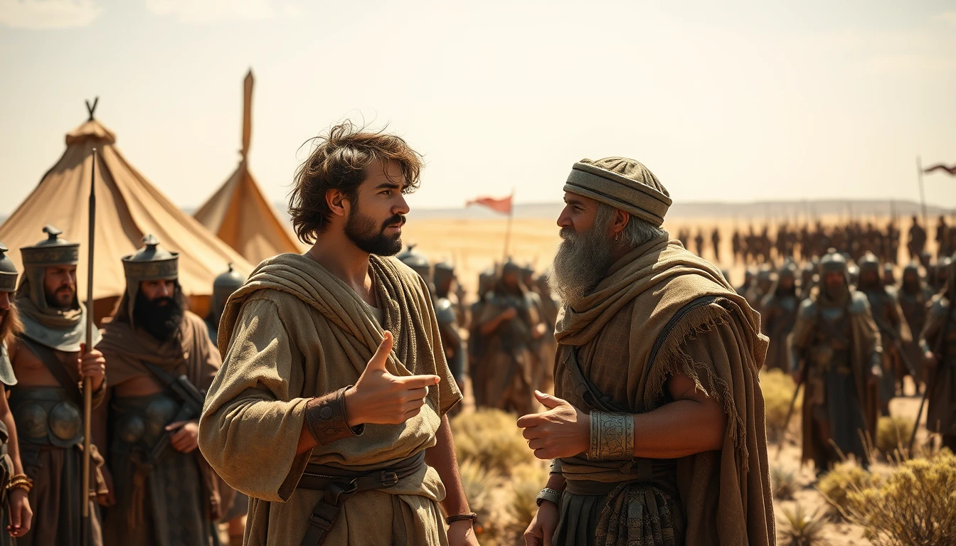 A young man with messy hair is arguing and gesturing passionately like an Italian with a middle-aged man. The young man is dressed in ancient biblical shepherd's attire, while the older man looks like a Mesopotamian king. The young man stands apart from the middle-aged man. Both men are surrounded by a diverse group of individuals in ancient Israelite bronze age soldier armor. In the background, Bedouin tents are pitched on a desert shrub land. On the distant horizon stands another army, armed and ready to fight. The lighting is dramatic. - Image