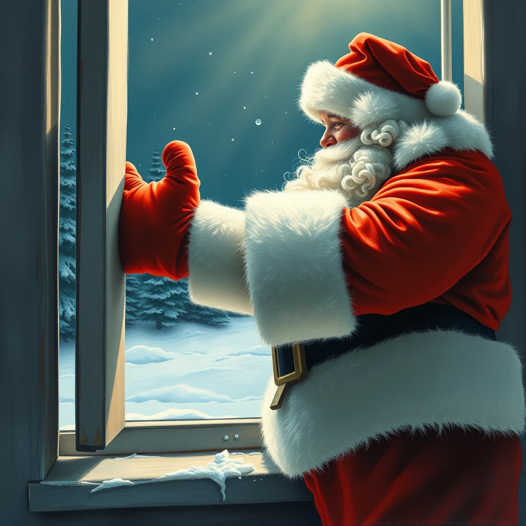 Santa's butt is stuck in an open window, a painting by Arthur Sarnoff, 4k, detailed. - Image