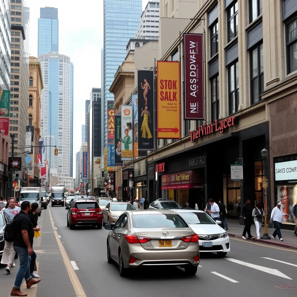 A downtown street with a lot of ads, traffic, and people.