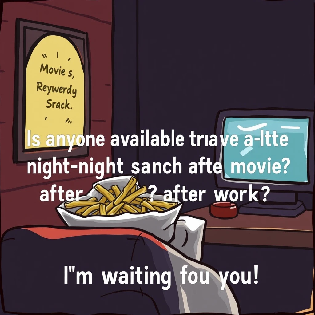 "Is anyone available to have a late-night snack and watch a movie after work? I'm waiting for you!" - Image