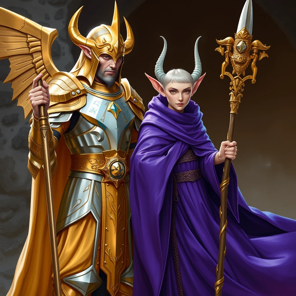 Gold and silver paladin devoted to Bahamut. An elf in a purple robe with a staff enchanting the paladin to double in size. - Image