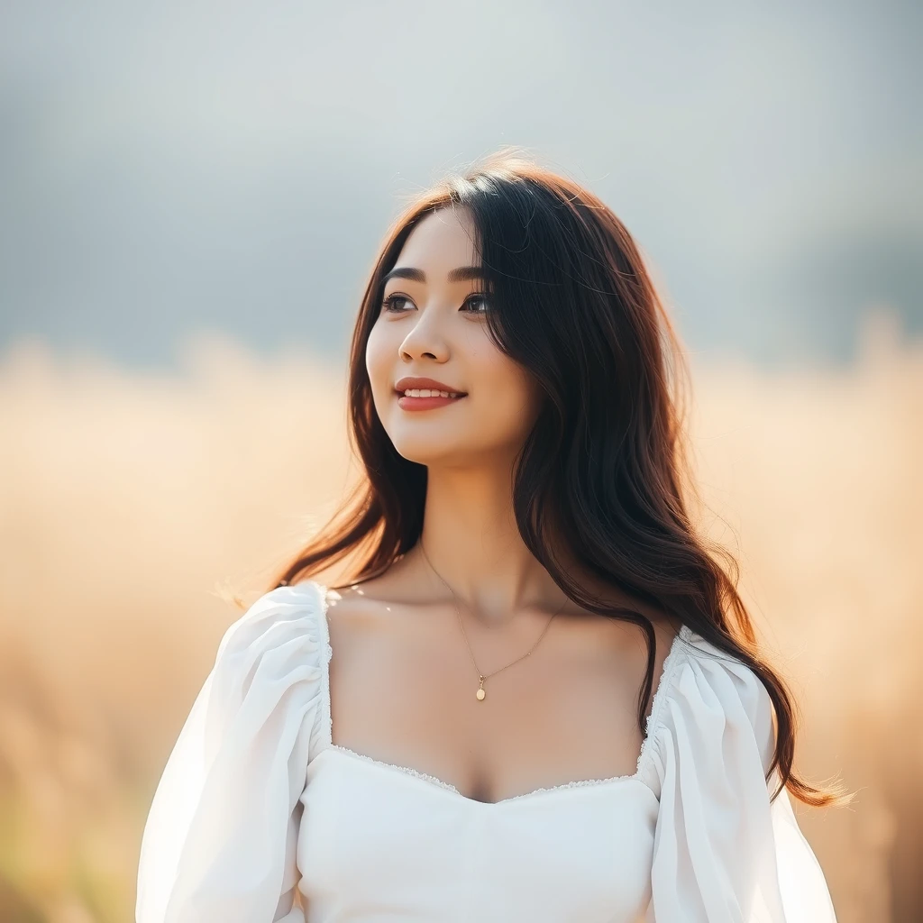 A serene, blissful scene of a young woman in a white dress, from my point of view. - Image