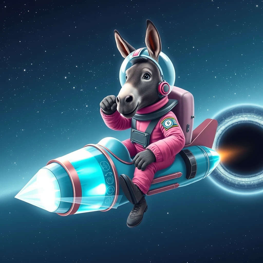 An ambitious donkey wearing pink astronaut costume, riding on a crystal light cyan stunning spaceship, making a punching gesture, flying to the outerspace under a clear night sky with lots of shining stars, passing by a huge black-hole. Realistic style. - Image