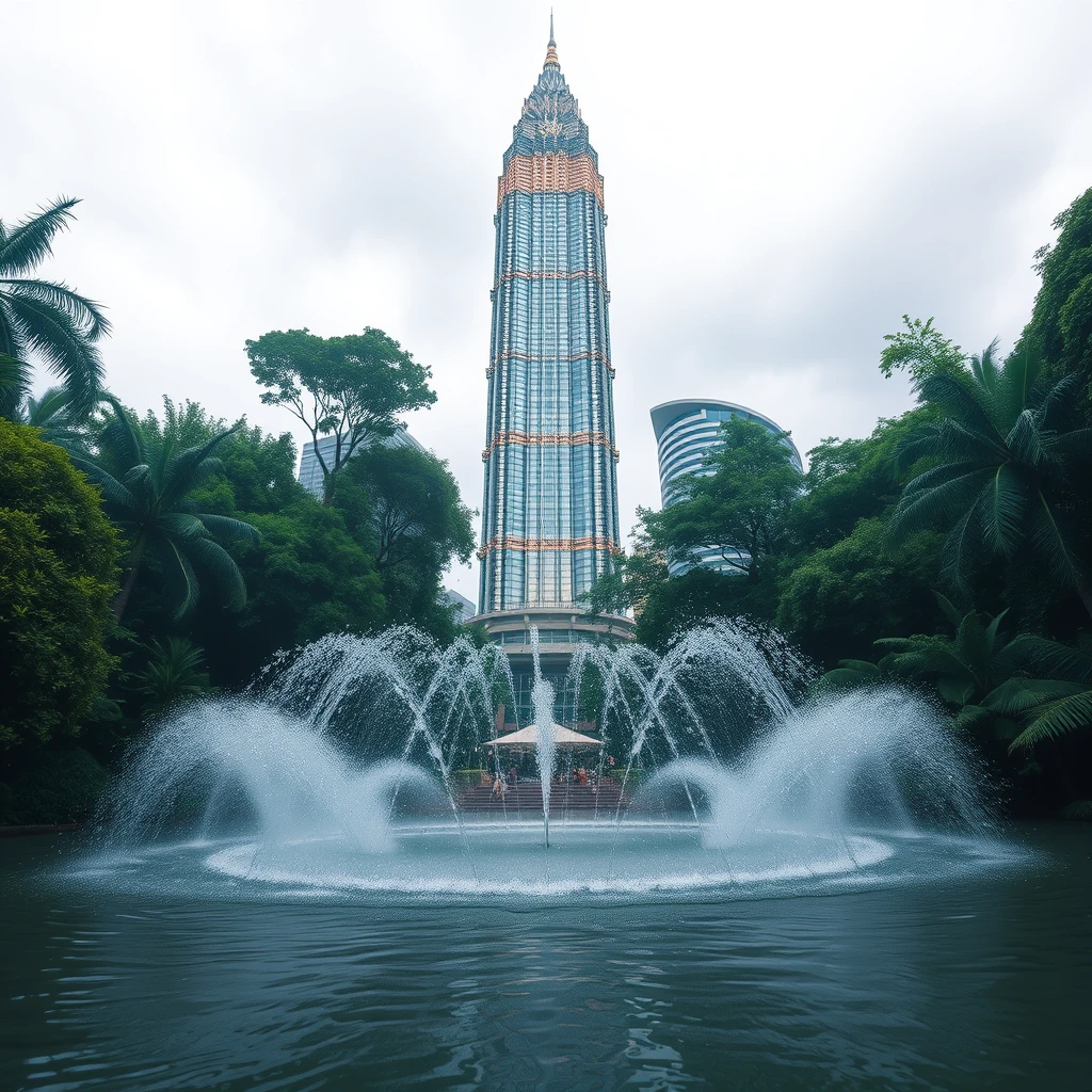 Malaysian KL Tower in the center of the jungle with water splashing, a dreamy and magical image with a widescreen aspect ratio. - Image