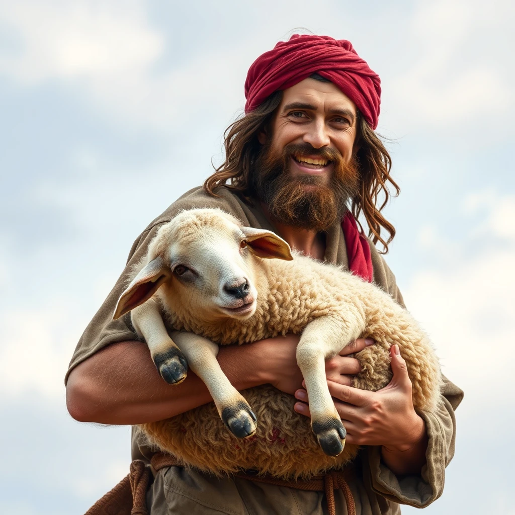 A lost and wounded sheep carried by an Israelite shepherd who is happy that his lost sheep has been found.