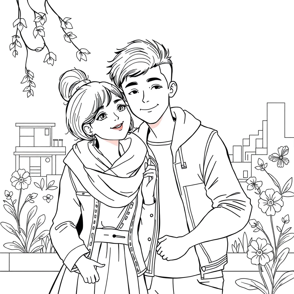 Young couple's daily life. Line art.