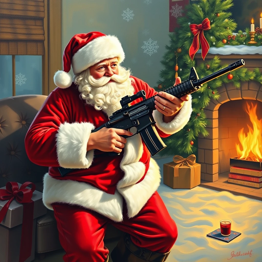 Santa got a new AR15 and is trying it out, a painting by Arthur Sarnoff.