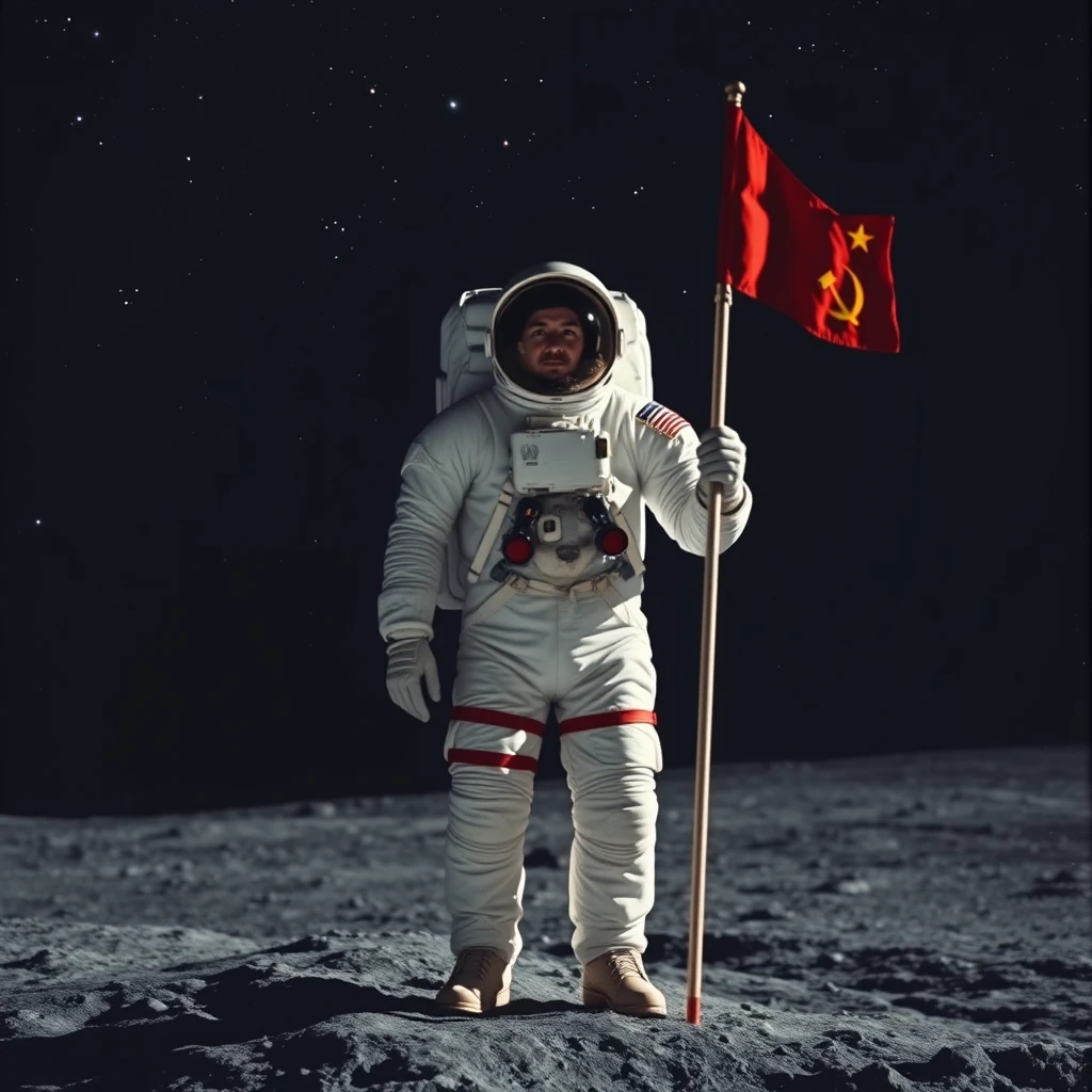 Soviet cosmonaut in a space suit standing on the Moon, facing the viewer. In his right hand he holds the pole of a flag of the Soviet Union, clearly visible next to him. Behind the cosmonaut, in the background, there is a black sky with bright stars, and galaxies in the distance.