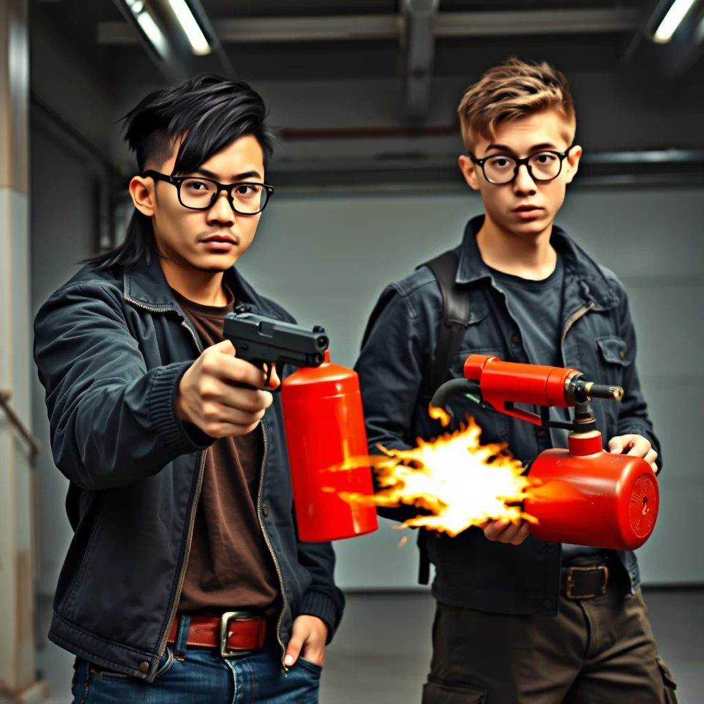 2 person setting, "21-year-old Northern Chinese thin long-faced man wearing square glasses, mid/long black mullet hair, holding a pistol" and "21-year-old young white Italian man wearing round glasses, short hair, holding a very large fire extinguisher flamethrower", garage setting, both angry. - Image