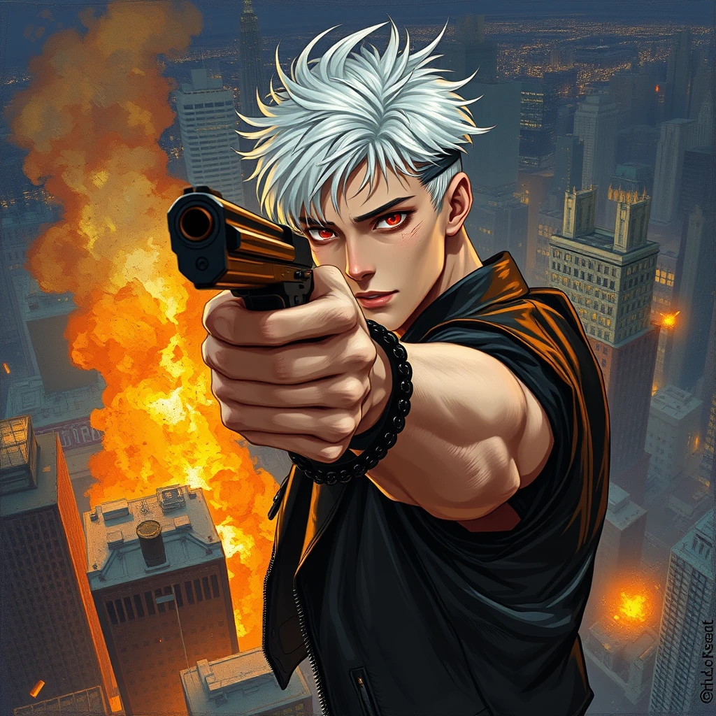 A young adult male with a gun aimed at the camera, short white hair, red eyes, black leather jacket, muscular figure, playful gaze, city night scene, high altitude, flames, explosions, black series, scattered bullet shells, iron chains, messy hair, character facing the camera, upper body, movie level lighting, thick painting style, ultimate color application, oil painting texture, Van Gogh style, Impressionist style, delicate brushstrokes, unclear line drawings, brilliant colors, soft light and shadow, 2.5D, Van Gogh's work, illustration, painting, paintbrush.