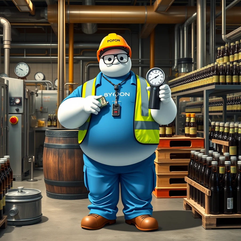 Baymax is measuring bottles with the gauge in the quality control and inspection area of a beer bottling plant, surrounded by machinery, a barrel, gauges, measuring instruments, pallets, beer bottles, dressed in a blue polo shirt covering his entire torso, safety elements, a reflective vest, safety footwear, a walkie-talkie, industrial safety goggles, blue cargo pants, and a yellow helmet with the word POPON written on it. The polo shirt has the word POPON written on it.