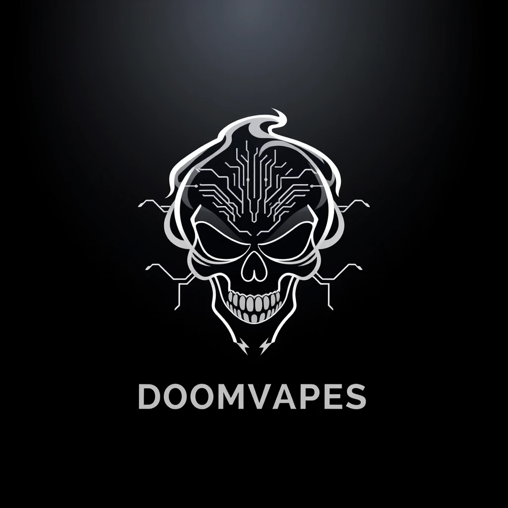 Sleek, minimalist logo design for DoomVapes, a cutting-edge vapemod company. Incorporate a stylized vapor cloud forming an ominous skull shape, with subtle circuit board patterns. Use a dark metallic gradient background. Combine futuristic tech aesthetics with gothic undertones. Sharp, vector-style execution.