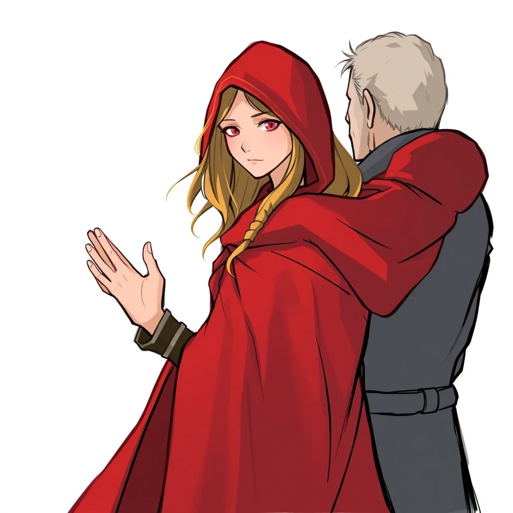 "Fantasy heroine with a red cloak without a hood greets her father." - Image