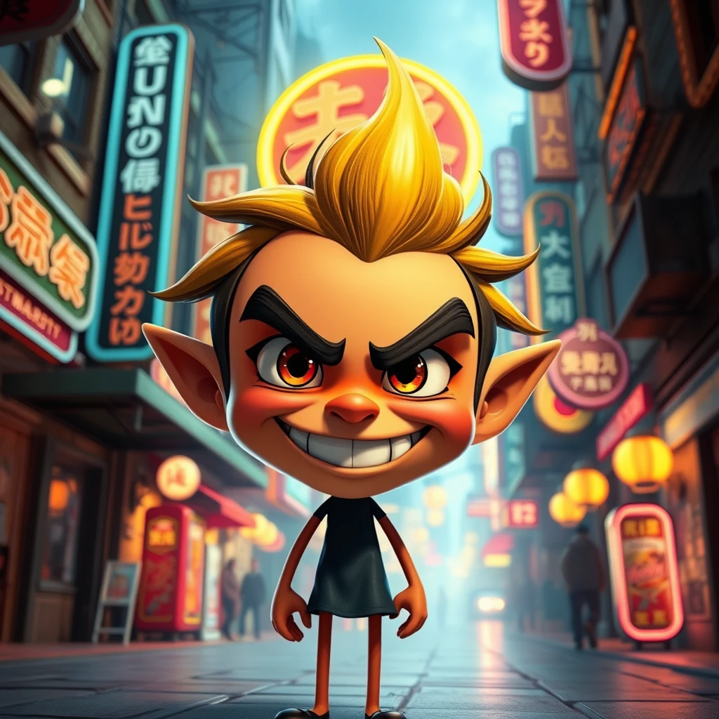 A quirky, charismatic character in a vibrant animation style, the character has a mischievous smile and exaggerated features, set in a bustling cityscape with neon signs and lively streets, the mood is playful and energetic, the atmosphere is whimsical with a touch of nostalgia, lighting is dynamic with soft glows and sharp highlights, creating a vivid contrast.