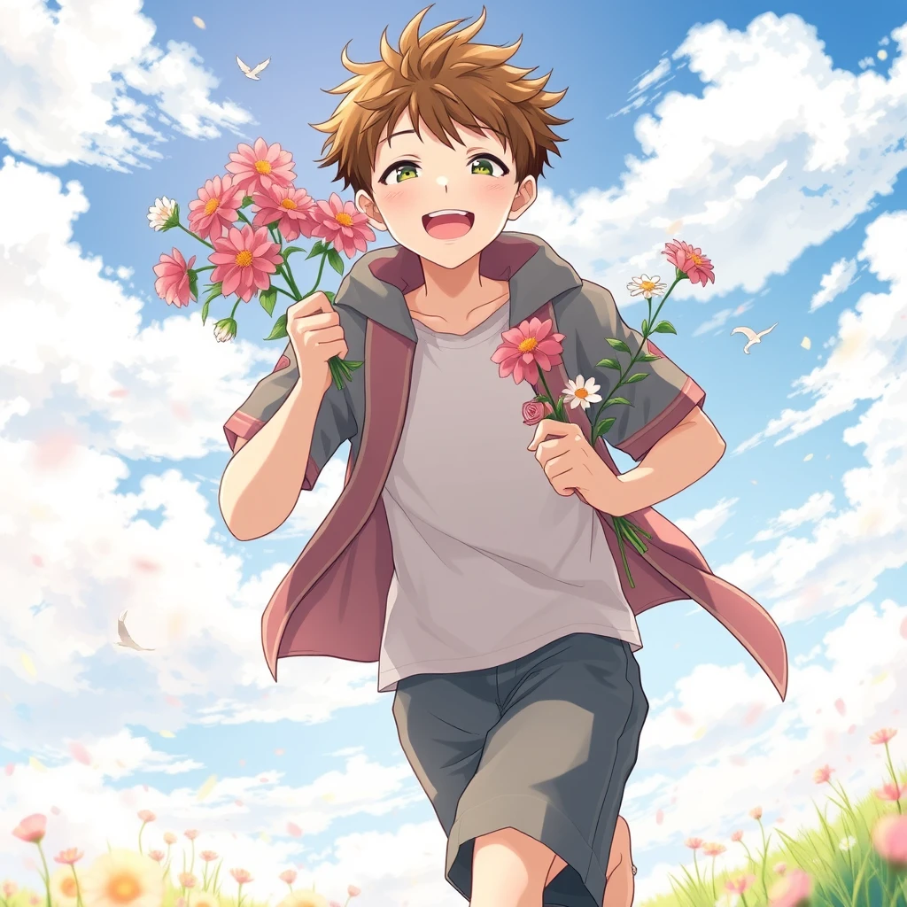 20 years old, holding flowers, running, anime, realistic, Japan, summer, single, boy