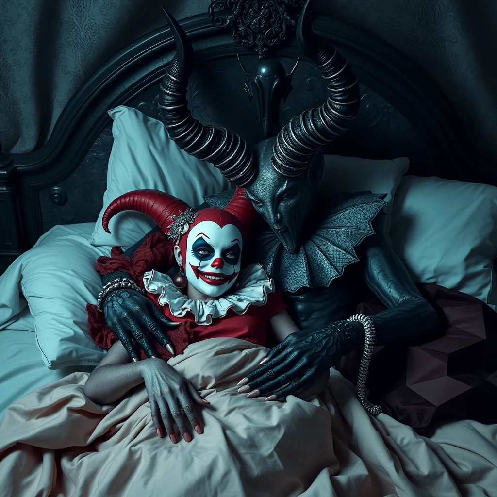 Baphomet in bed with a clown girl, HD photography. - Image