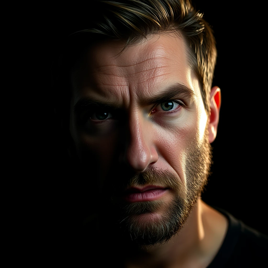 Man Dramatic lighting against black background. Hyper-realistic, high-resolution image, expressive features and coloration.