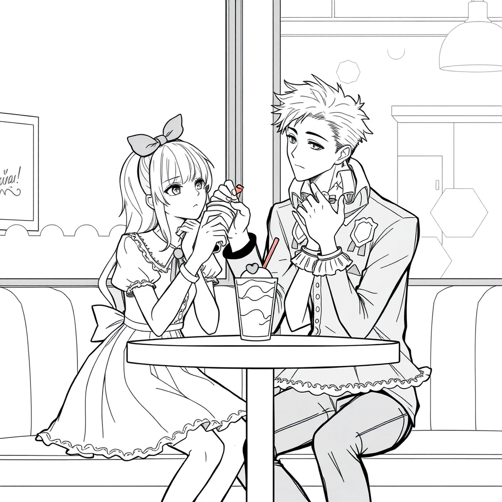 The boy was sitting and feeding his girlfriend a cup of ice cream, and the girl was wearing a Lolita dress, resting her cheeks in her hands on the table. The boy is tall and handsome. Anime line art. - Image