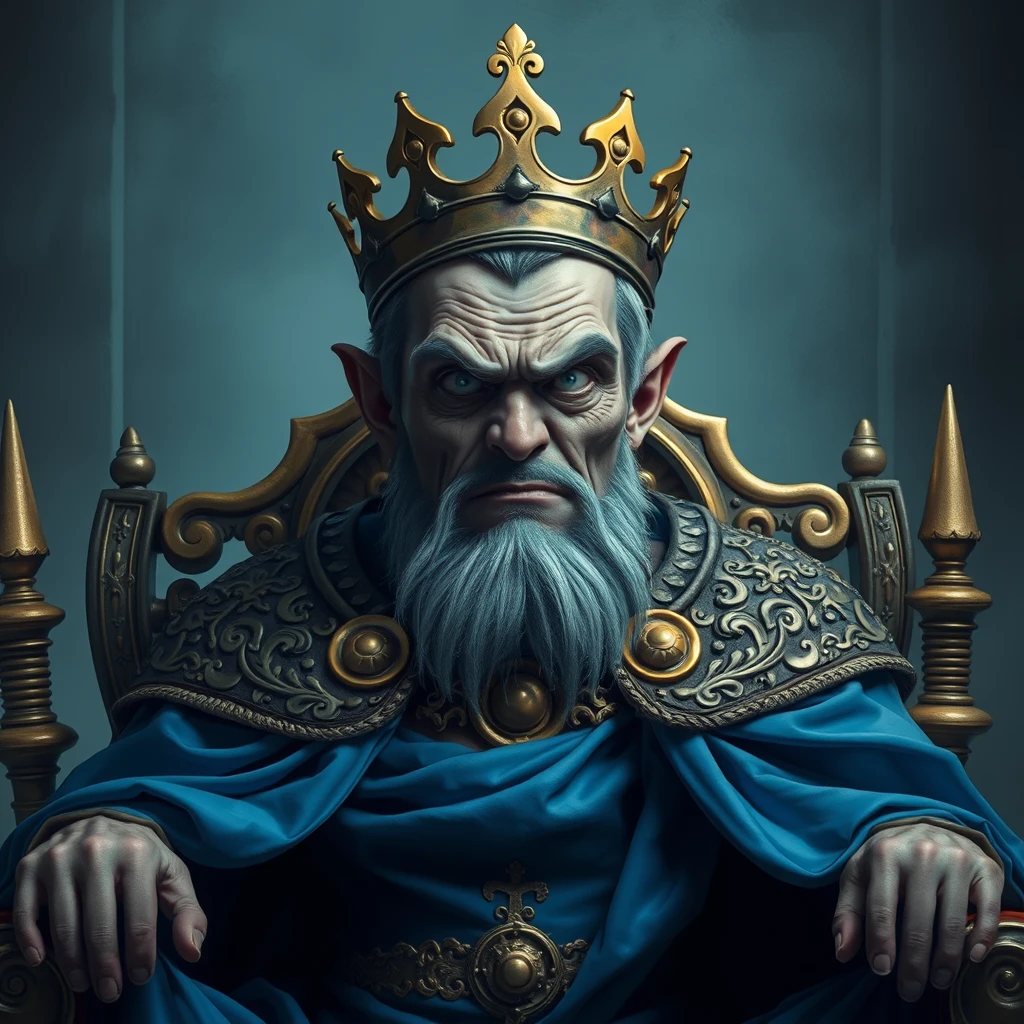 A sickly looking secretly evil human king on a throne with a blue cape. - Image