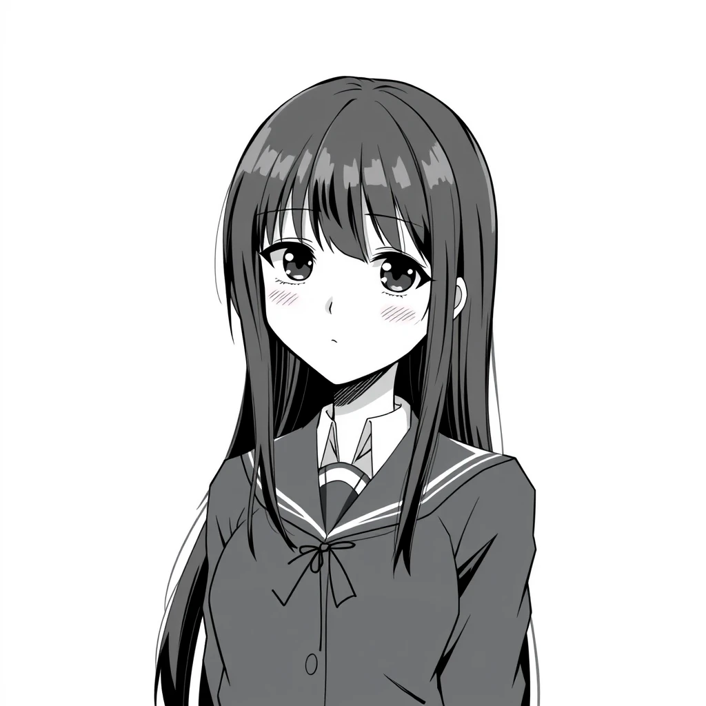 19 years old, tall, black-haired girl in a school uniform, full body. Manga style, grayscale.