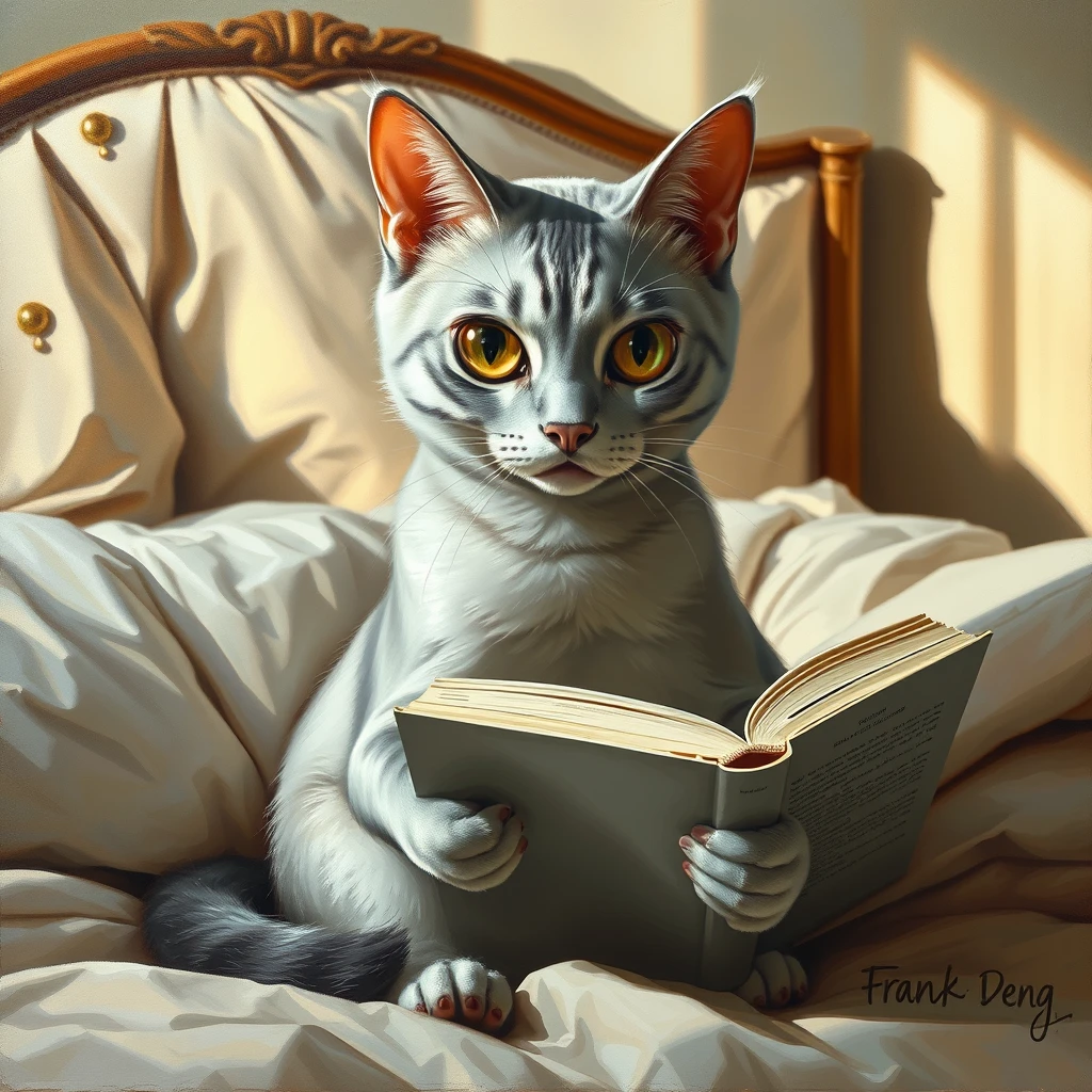 Painting Style: Professional oil painting, rich in texture and detail, reminiscent of classical portraiture but with a modern twist.  
Subject: A silver-colored cat, rendered in a Japanese anime style with large, expressive eyes and sleek, stylized fur. The cat has an aloof and sophisticated expression. It is sitting upright on a bed with a book held open in its paws, seemingly engrossed in reading.  
Setting: The bed is depicted with soft, rumpled bedding and perhaps a decorative headboard. The overall lighting suggests a cozy and intimate bedroom setting, bathed in warm, natural light.  
Details: Pay attention to the texture of the cat's fur, the delicate details of its face, and the intricate folds of the bed linens. Capture the reflective quality of the light on the silver fur. The book the cat is reading should have a visible title and perhaps some illustrations.  
Signature: Discreetly place the signature "Frank Deng" in the lower right corner of the painting, as if it were the artist's signature on a traditional oil painting.  
Overall Impression: The painting should evoke a sense of quiet contemplation and capture the unique charm of the anime-inspired cat in a realistic and painterly style. - Image