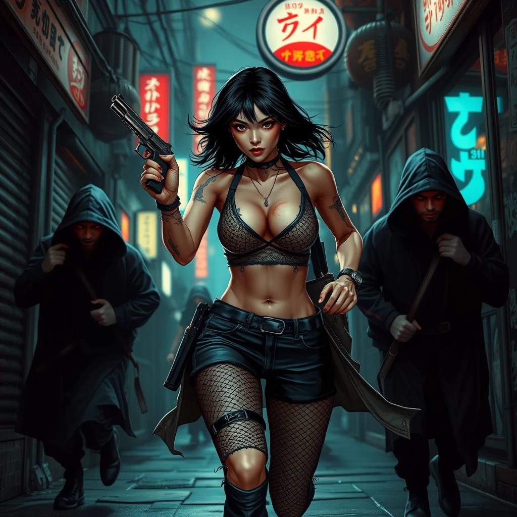 sexy alluring cyberpunk japanese female running down a dark dystopian urban alleyway being chased by cyberpunk assassins in hooded cloaks, holding a revolver pistol in her right hand, ripped jeans, fishnet leggings, pistol pointing upwards, bokeh, depth of field, cybernetic implants, grunge graffiti art style, street fighter style, japanese shop signs, neon lights with realistic lighting, dark and gloomy, comic book art style with rough lines, realistic lighting, realistic reflections, high quality, 8k, concept art, close up over the shoulder camera shot, realistic hands