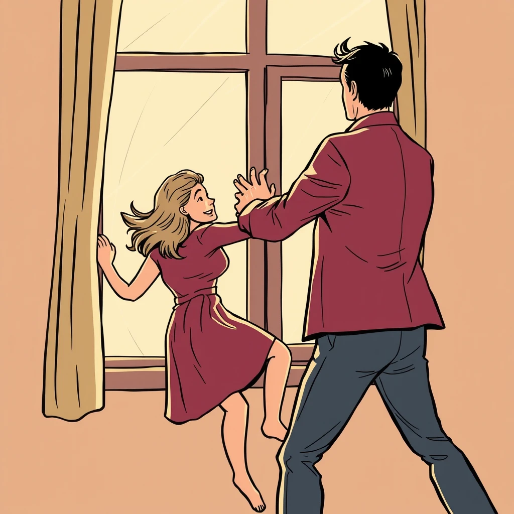 The man pushed a woman at the window, the woman slipped and fell out of the window. Comic. - Image