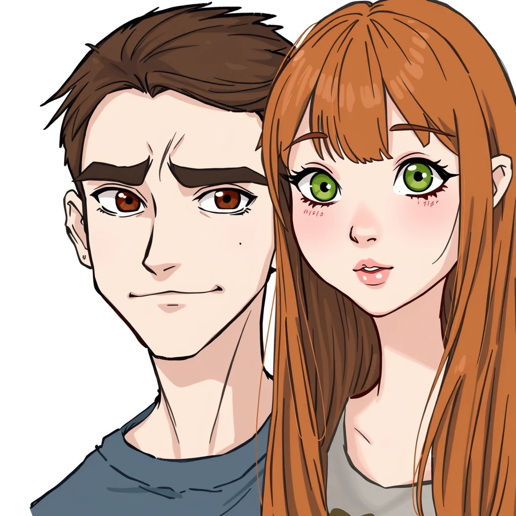 young guy, long dark brown hair parted in the middle, sharp facial features, smirk, pale skin, light brown eyes, thick eyebrows, long eyelashes next to a cute white ginger girl, small nose, pink lips, green eyes, long bangs hairstyle. - Image