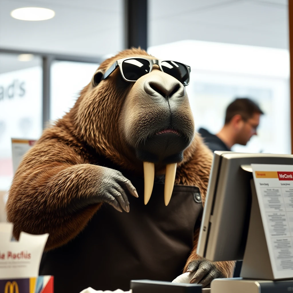 Walrus wearing sunglasses working register at McDonald’s - Image