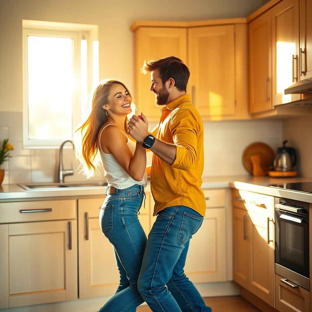 A joyful couple, beaming with bright smiles and sparkling eyes, shares a carefree moment in a cozy kitchen, surrounded by warm beige cabinets and sleek countertops, as they twirl and sway to the rhythm of their own happy tune, bathed in the soft, golden glow of morning sunlight streaming through the window, casting a warm, inviting ambiance, with vibrant hues of turquoise, yellow, and orange popping against the crisp white walls, their relaxed, effortless dance moves frozen in time, as if captured in a candid snapshot, exuding an infectious energy and playful chemistry, perfect for an Instagram Reels cover that radiates warmth, joy, and the beauty of everyday moments.