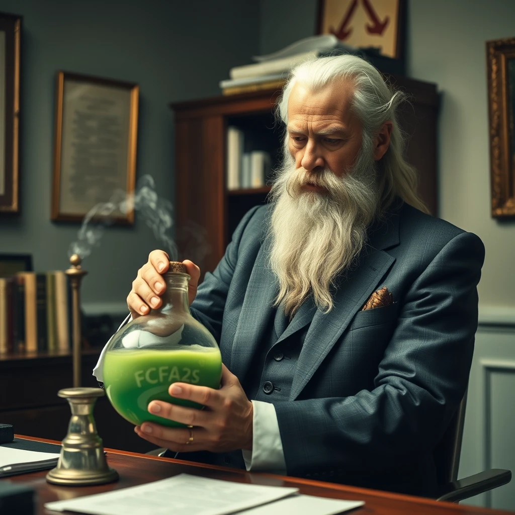 Cannon camera - Gandalf in a suit in a modest office brews potion that says “FCFA2S”.