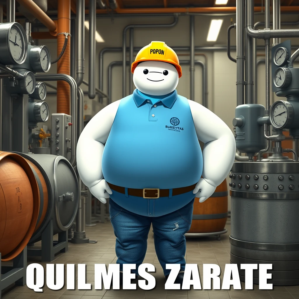 Baymax in a beer bottling plant surrounded by machinery, a barrel, gauges, wearing a blue polo shirt, the logo of the international company Bureau Veritas, blue jeans, and a yellow helmet with the word POPON written on it, and below in the photo the caption QUILMES ZARATE.