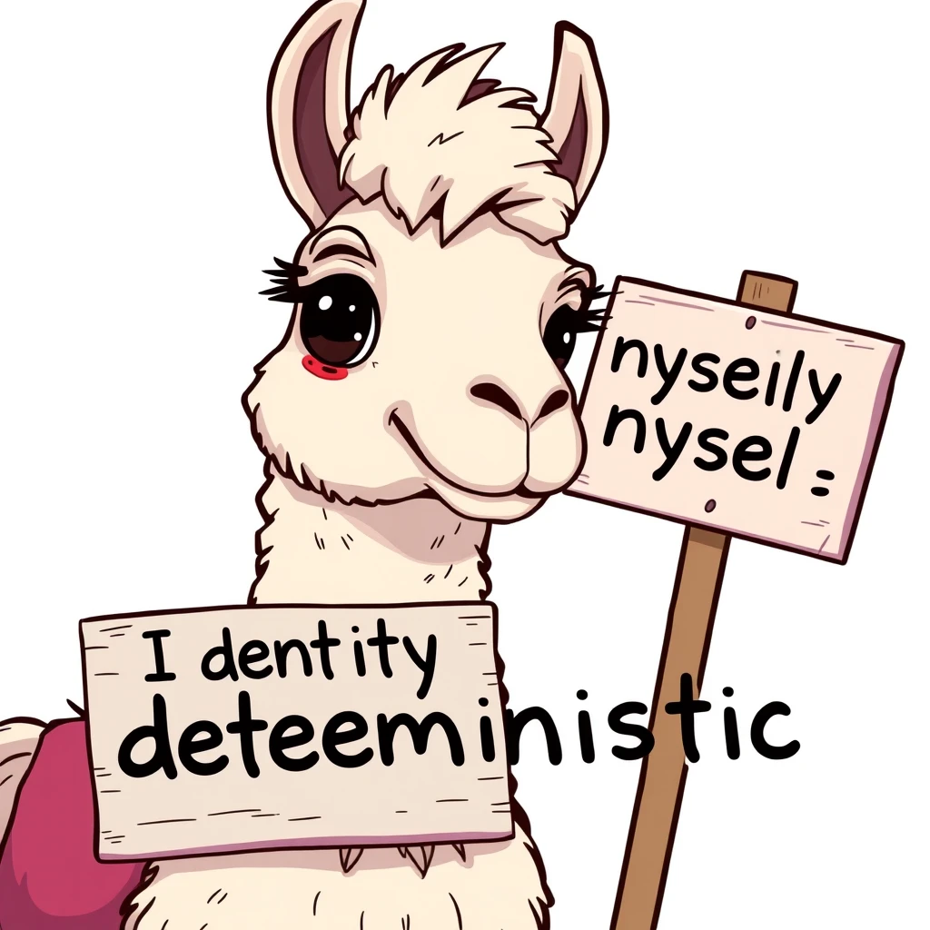 A cartoon llama with a signboard that reads "I identify myself as deterministic." - Image