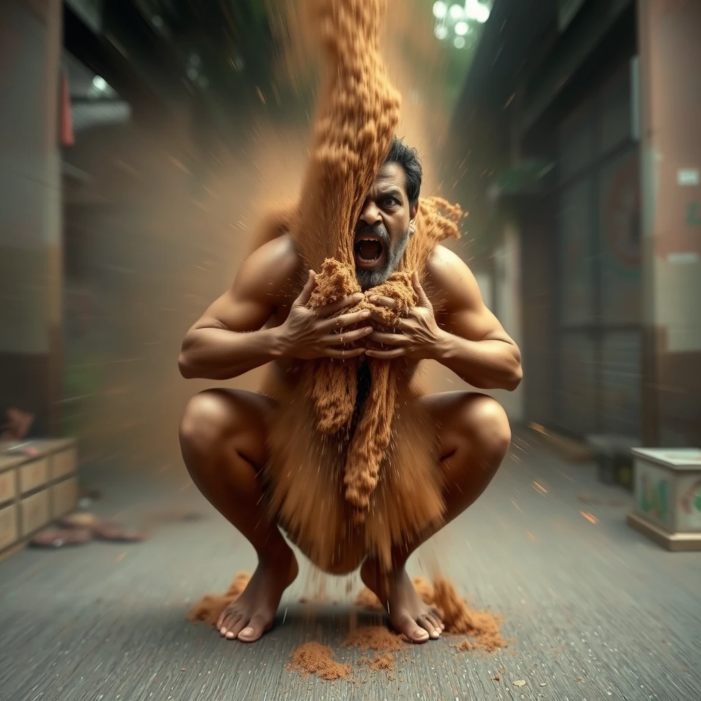 An Indian man defecating a stream of high-pressure brown liquid, flying away at high speed, 20m high, in a squat pose, with a high-pressure stream of brown liquid. The footage is low quality CCTV, featuring angry screaming at the camera, bulging eyes, and a front view with radial blur.