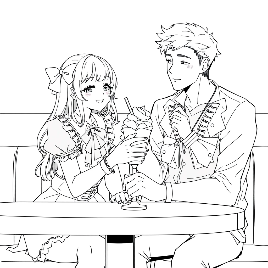 The boy was sitting and gently feeding his girlfriend a cup of ice cream, and the girl was wearing a lolita outfit and looked happy, holding her cheeks with her hands on the table. The boy is tall and handsome. Anime line art. - Image