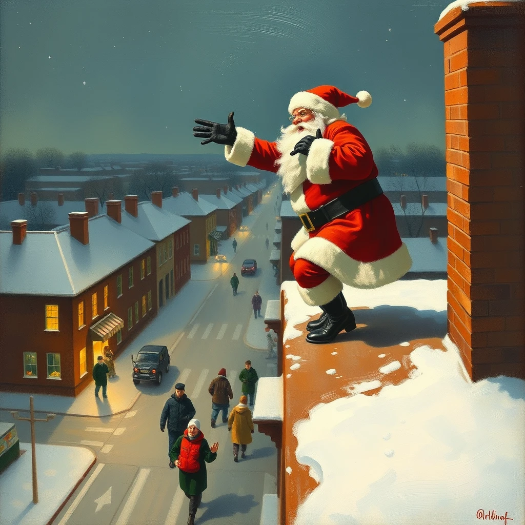 Santa is yelling at people in the street from high on a roof, a painting by Arthur Sarnoff. - Image