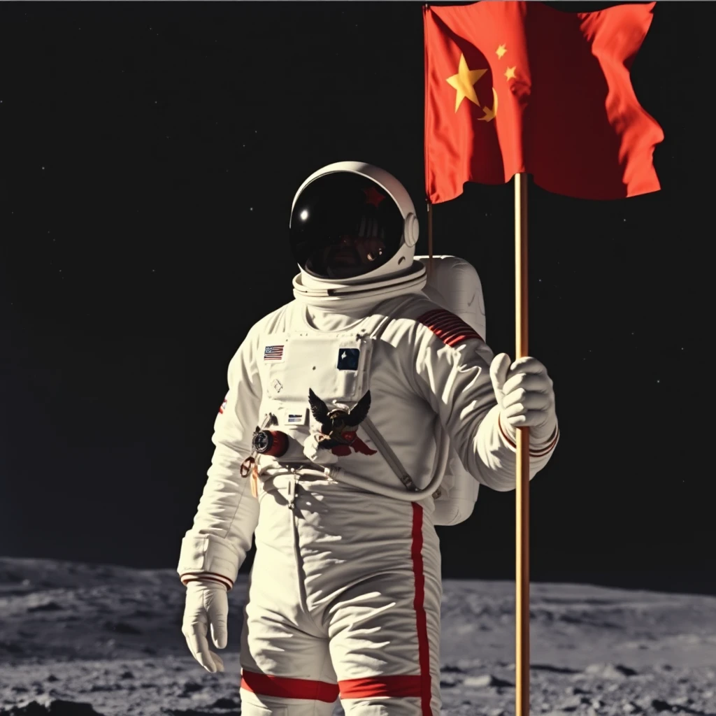 Soviet cosmonaut in a space suit standing on the Moon, looking at the viewer, his face hidden by the dark visor of his helmet. In his right hand he holds the pole of a flag of the Soviet Union, clearly visible next to him. Behind the cosmonaut, in the background, there is a black sky with bright stars, and galaxies in the distance.