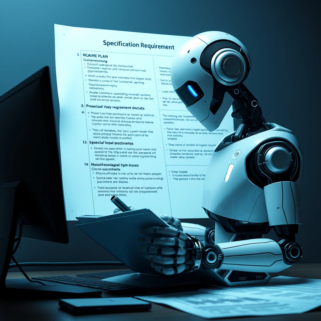 A human-like robot writing a game plan or specification requirement document. - Image