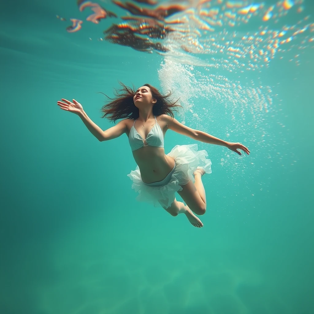 A symbolic photo: A young woman dancing underwater. Life and sensitivity. Youth and sexuality.