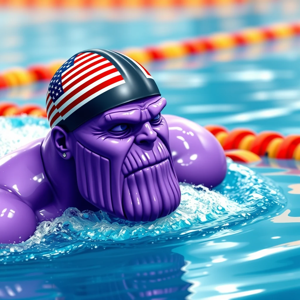 "A purple Thanos swimming in a competition, wearing a swimming cap with the American flag, in a realistic style."