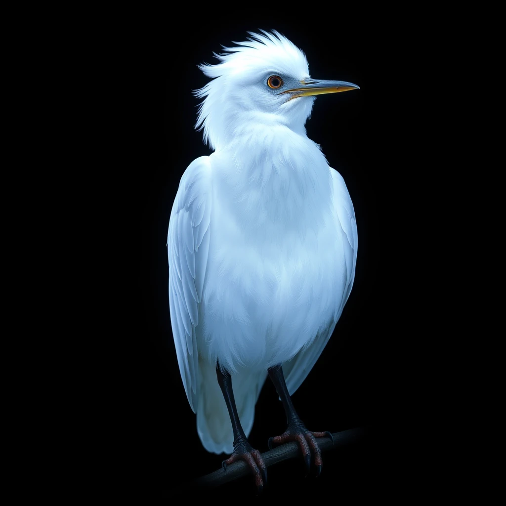 A glowing white bird, with a black background, stands on a branch.