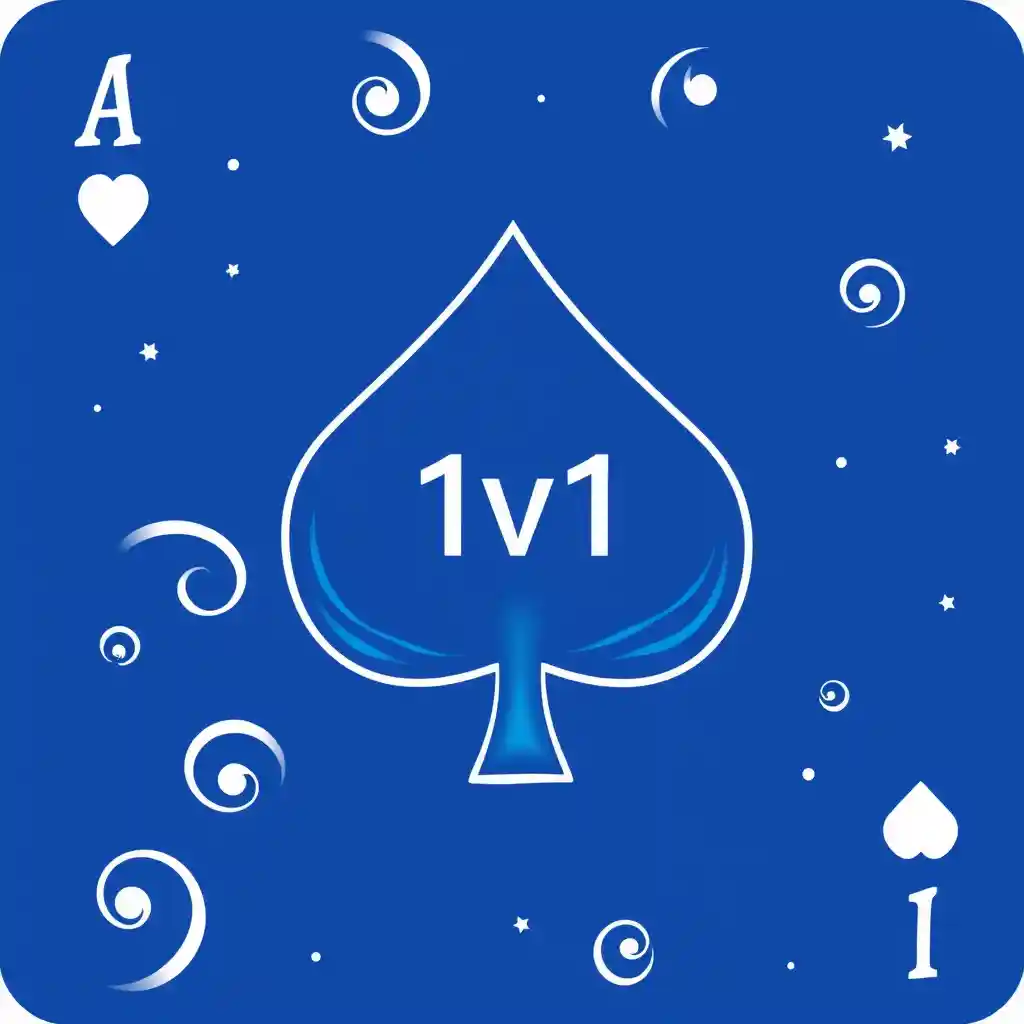 The image is a graphic design of a playing card with the blue water in the center. In the center, it's written "1v1". The card is portrait in shape and has a blue background with white swirls and stars scattered throughout. The overall design is modern and minimalistic.