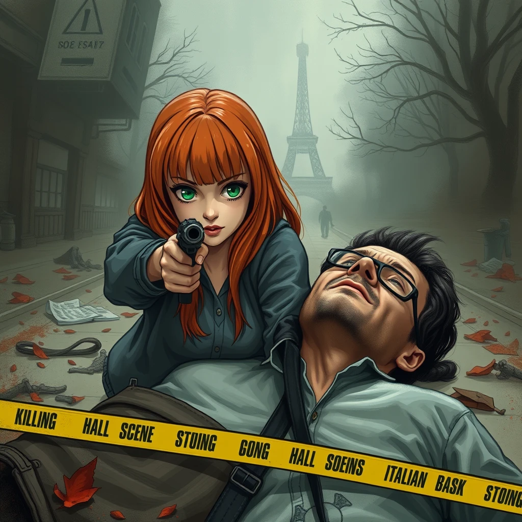 A death scene; a short, skinny teenage girl with long ginger hair and bangs, green eyes, and cute clothes shooting and killing a dead young, skinny, tall Italian white man who wears glasses. - Image